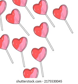 Rote Lollipops auf weißem Hintergrund. Herzwürfelbanner mit Platz für Text. Illustration zum Valentinstag, Geburtstag, Hochzeitstag