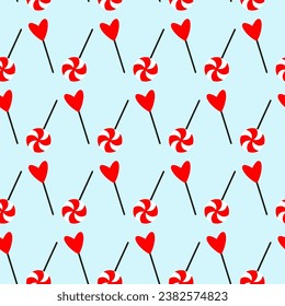 Red lollipops seamless pattern for Valentine day. Doodle pattern wrap for Valentine day with heart lollipop. Doodle lollipops icons on wrap for Valentine day, Xmas, Easter. Doodle heart lollipop wrap