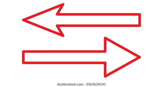 Red long arrow icon isolated on white background. Long arrow vector, icon. Red horizontal arrow. Straight long arrow vector icon.