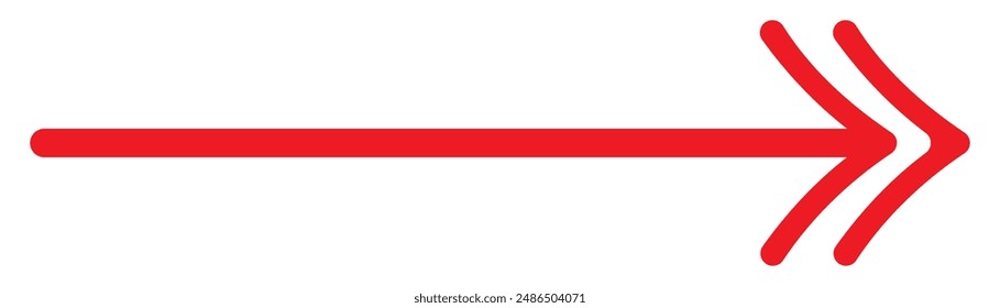 Red long arrow pointing to the right. Straight long arrow icon, right thin line, red cursor, horizontal element, thick pointer vector long arrow icon isolated on white background.