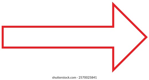 Red long arrow pointing to the right. Straight long arrow icon, thick and  thin line, Red cursor, horizontal element, thick pointer vector long arrow icon. Bold arrow icon. Design eps 10