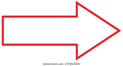 Red long arrow pointing to the right. Straight long arrow icon, thick and  thin line, Red cursor, horizontal element, thick pointer vector long arrow icon. Bold arrow icon. Design eps 10