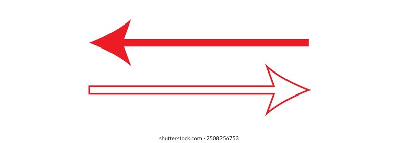 Conjunto de iconos de flechas rojas largas. Conjunto de Vector de flechas largas de moda en estilo plano. Diseño de Vector reemplazable. concepto de logotipo de flecha doble roja. conjunto de icono de flecha doble rojo