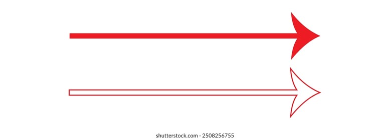 Conjunto de iconos de flechas rojas largas. Conjunto de Vector de flechas largas de moda en estilo plano. Diseño de Vector reemplazable. concepto de logotipo de flecha doble roja. conjunto de icono de flecha doble rojo
