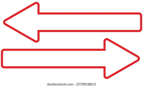 Red Long arrows icon set vector in trendy style. Long right and left arrows. Horizontal dual sided long straight arrow signs. Black, red, stock pointer, direction, symbol and double arrow icon. Eps 10