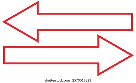 Red Long arrows icon set vector in trendy style. Long right and left arrows. Horizontal dual sided long straight arrow signs. Black, red, stock pointer, direction, symbol and double arrow icon. Eps 10