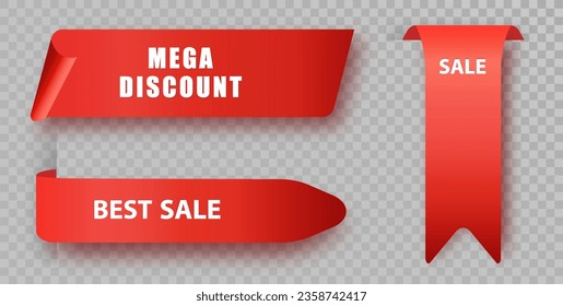 Red long banners, discount labels that signal of sales and promotions. Price tags collection display discount labels, marking of sales and promotions.