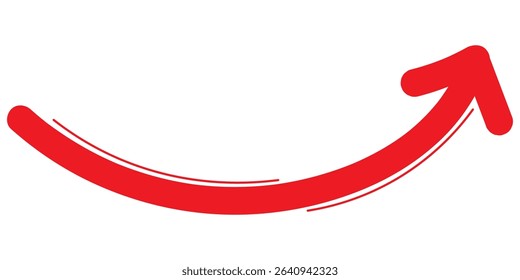 Red Long curve, hand-drawn arrow marker.  Hand-drawn brush stroke arrows. Red charcoal ovals and arrows strokes different forms. Hand drawn vector arrows doodle on white background. Eps 10