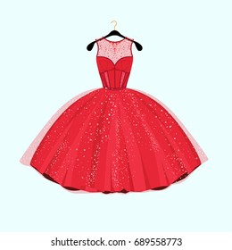 Red long dress. Dress with rhinestones. Fashion vector illustration