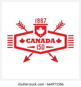 Red long hexagon and crossed arrows Canada 150 emblem icon on white background