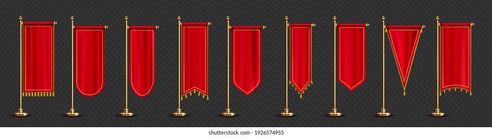 Red long pennant flags with golden tassel fringe isolated on transparent background. Vector realistic template of blank textile pennons different shapes on gold pillars