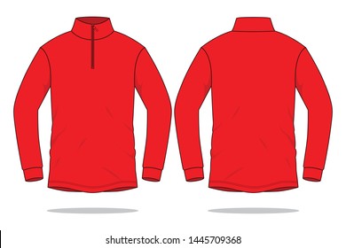 Red Long Sleeve T-Shirt with Stand Up Zipper Collar Neck on White Background. Front and Back View.