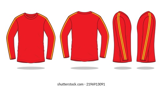 Red Long Sleeve T-Shirt With Yellow Double Line Design On White Background.Front And Back View, Vector File.