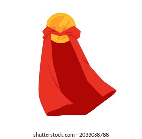 Red long super hero cape with gold coin or shield inside, flat vector illustration isolated on white background. Mockup of hero mantle or cloak floating on wind.