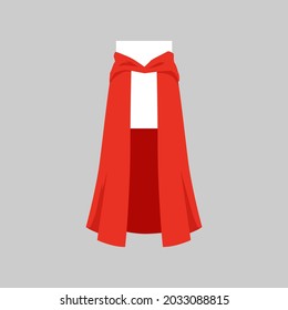 Red long super hero man or woman cape with white empty badge inside, flat vector illustration isolated on grey neutral background. Red superhero cloak mockup.