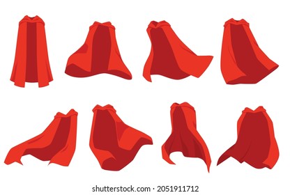 Red long super hero or man capes collection, flat vector illustration isolated on white background. Red mantle or cloak floating on wind in different ways.