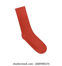 Red long textile sock 3d realistic template vector illustration isolated on white background. Sport or fashion blank sock or wool sporty stockings mockup.