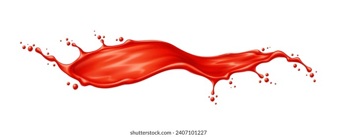 Ola larga roja de jugo de tomate o salsa de ketchup salpicada. Zumo de tomate fresco, bebida vegetal o bebida jugosa giran aisladamente ondas vectoriales realistas. Pintura roja que cae en gotas de 3d o fizcocho de flujo