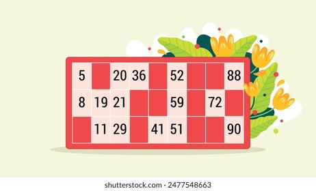 Red lotto card with a grid of numbers decorated with yellow flowers and green leaves, the tombola game offers gifts to the winners, vector illustration for leisure activity organization poster