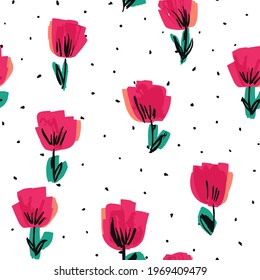 Red Lotus Drawn Vector Seamless Pattern. Peony Fabric Design. Purple Decorative Felt pen Wallpaper. Blossom Pretty Illustration.