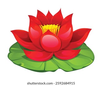 Red lotus flower blooming on a lotus pad. Vector cartoon illustration
