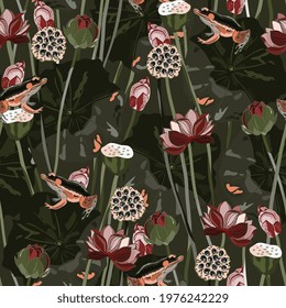 Red lotus flowers, buds, seeds, green leaves and frog on dark background. Hand drawn vector seamless pattern. Square design for fabric, wallpaper, wrapping paper, scrapbooking, invitation card.