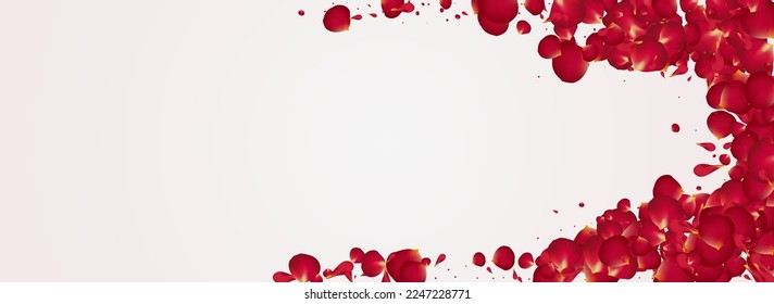 Red Lotus Japan Vector Panoramic White Background. Japanese Blossom Cover. Beautiful Petal Beauty Frame. Delicate Sakura Blur Texture.