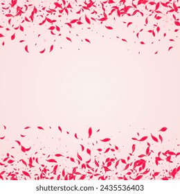 Red Lotus Vector Pink Background. Flying Cherry Illustration. Ruby Petal Beauty Cover. Scarlet Falling Flower Frame.