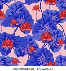 Red lotuses with large indigo blue leaves on a beige color background. Vector seamless floral pattern. Square repeating design for fabric and wallpaper. 
