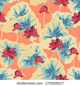 Red lotuses with large yellow leaves on a tangerine, orange color background. Vector seamless floral pattern. Square repeating design for fabric and wallpaper. 
