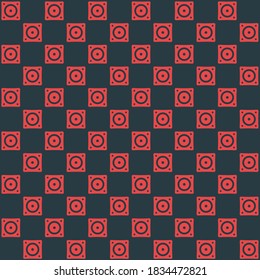 Red loudspeaker with center circle in a square box on a dark background repeat pattern