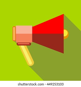 Red loudspeaker icon in flat style on a green background