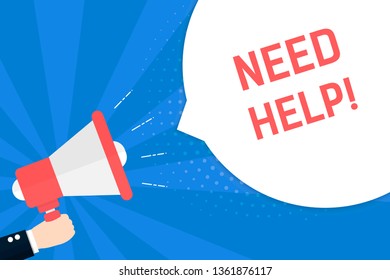 The red loudspeaker shouts "NEED HELP!" on the blue background and the area with the text on the right.