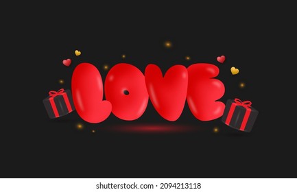 Red Love Balloon Font With 3D Gift Boxes, Tiny Hearts And Light Effect On Black Background.