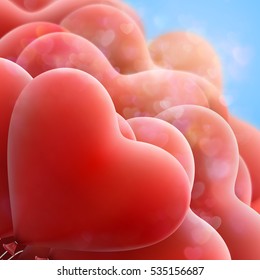 Red love balloos flying against bokeh background. Heart shaped balloons on a heart bokeh effect, image for wedding cards party concept, bridal blogs and magazines. EPS 10 vector file included