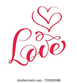 red Love calligraphy lettering vector word with the logo of hearts. Happy Valentines day card. Fun brush ink typography for photo overlays, t-shirt print, flyer, poster design.