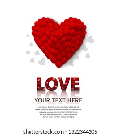 red love concept design shape from gift box, heart balloons, rose, love icons on white background and big red heart