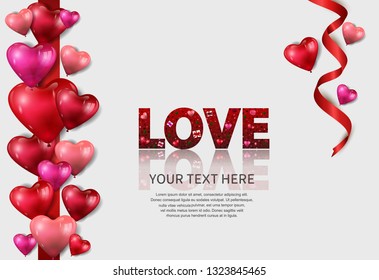 red love concept design shape from gift box, heart balloons, rose, love icons on white background, red ribbon and floating heart balloons