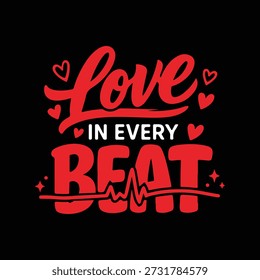 Rote Liebe in jedem Beat-Text mit Herzformen und Elektrokardiogramm-Vektor