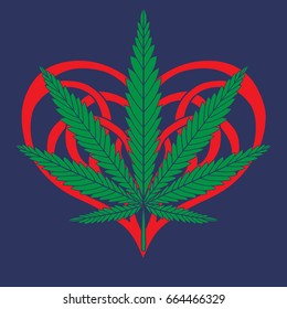 Red love heart and cannabis leaves.