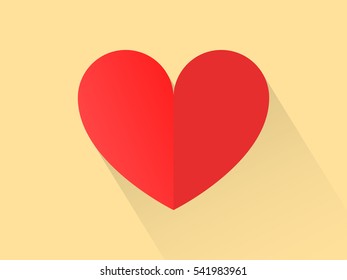 Red love heart flat design with long shadow on light orange background