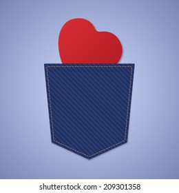 Red love heart in jeans back pocket, isolated on blue background. Vector illustration, eps 10.