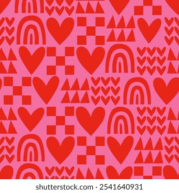 Vermelho amor coração mosaico sem costura padrão ilustração. Lindos corações rosas colcha de retalhos impressão de fundo. Textura de pano de fundo de feriado do dia dos namorados, design de casamento romântico.