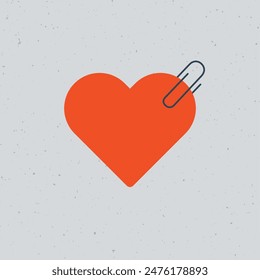 Red love heart with paperclip. Attached heart. valentine's day icon, romantic feeling symbol. Stock vector illustration isolated