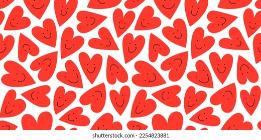 Rote Liebe Herz nahtlose Muster-Illustration mit lustig lächelndem Gesicht. Doodle Herzen, Hintergrunddruck. Valentinstag Feiertag-Kulisse, romantisches Hochzeitsdesign.	