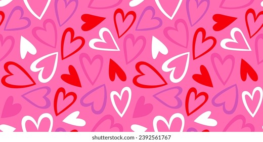 Ilustración de patrones sin fisuras del corazón de amor rojo. Corta impresión romántica de fondo de corazones rosados. Textura de fondo del día de San Valentín, diseño romántico de boda.	