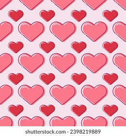 Red love heart seamless pattern illustration. Cute romantic pink hearts background print. Valentines day holiday backdrop texture, romantic wedding design.