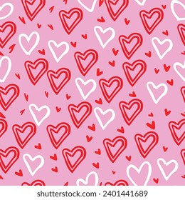 Red love heart seamless pattern illustration. Cute romantic pink hearts background print. Valentine's day holiday backdrop texture, romantic wedding design.