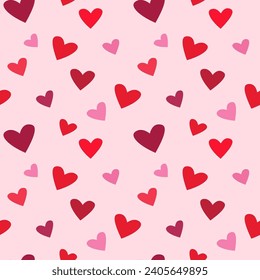 Red love heart seamless pattern illustration. Cute romantic pink hearts background print. Valentine's day holiday backdrop texture, romantic wedding design.