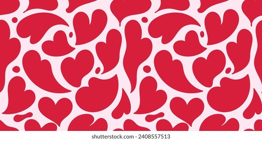 Ilustración de patrones sin fisuras del corazón de amor rojo. Huella de fondo romántica. Textura de fondo del día de San Valentín, diseño de fondo de fondo de novia en forma romántica y líquida.	